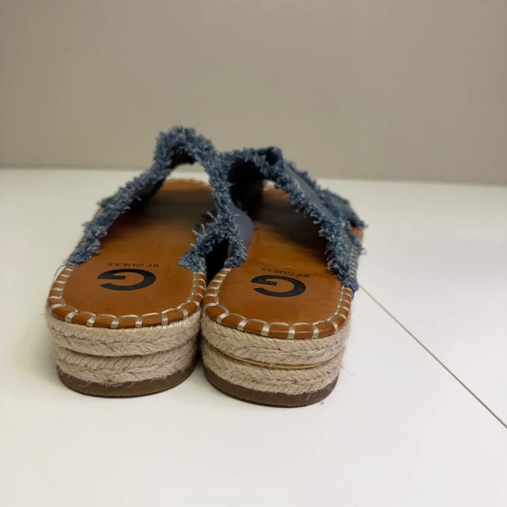 G by GUESS Blue Denim Frayed Espadrille Platform Slide Sandals Womens 8 Y2K